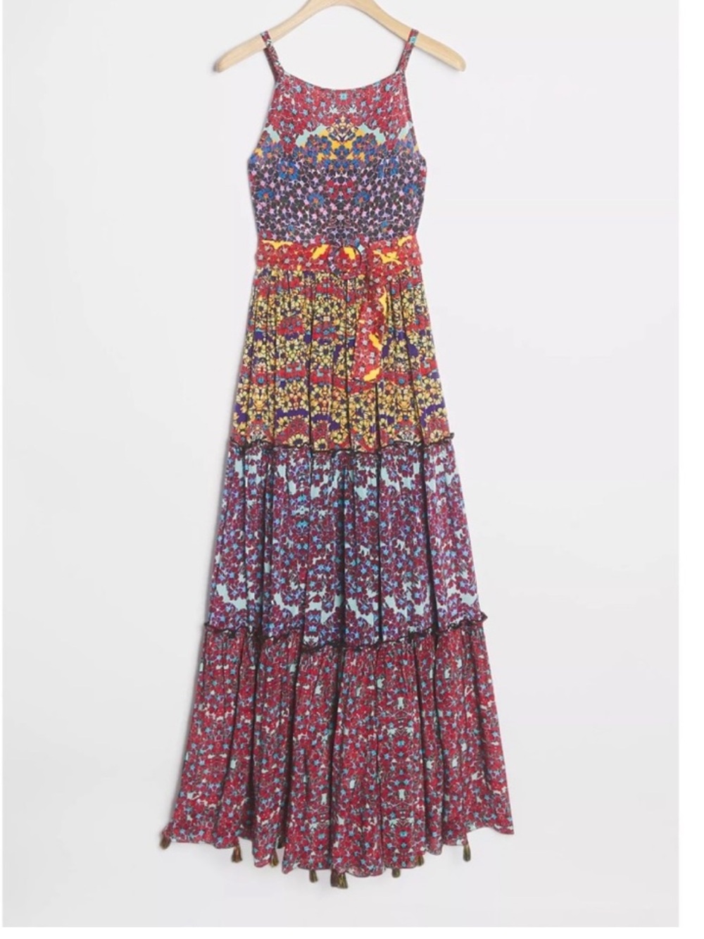 Anthropologie Bohemian dress Tiered Maxi in Burgundy Blue exotic Floral Mix 12 L